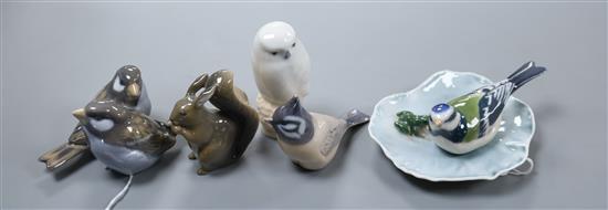 A collection of Royal Copenhagen birds and animals and a frog on lilypad dish